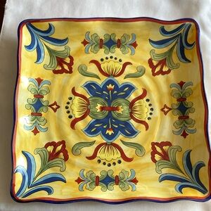Discontinued Maxcera Yellow Talavera Square Ceramic Dinner Serving Plate EUC